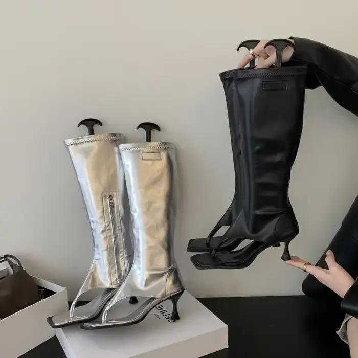 Bottes hautes argentées à bout ouvert pour femmes, bottines modernes à talons bas et fins, fermeture éclair latérale, escarpins de fête de printemps, sandales