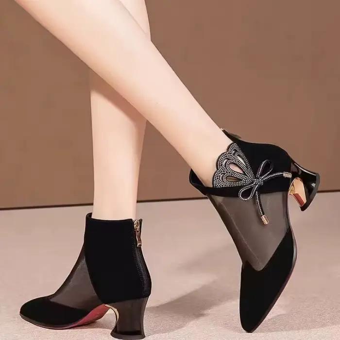 Nouvelles Bottines à Bout Pointu en Maille 2026, Talon Carré Confortable, Style Français Élégant pour Mariage, Banquet et Soirée