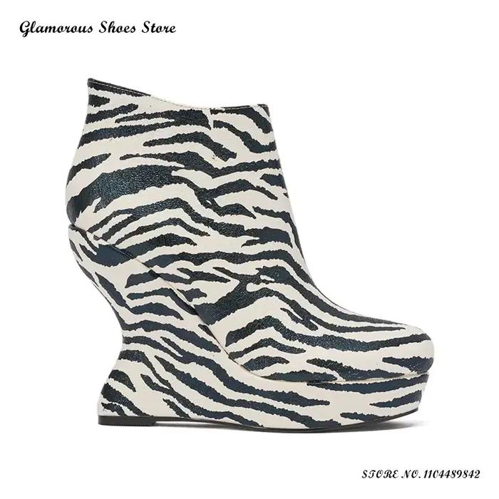Bottines à plateforme à imprimé zèbre pour femmes, bout rond, talons de style original, chaussures de soirée, mode street style, grandes tailles, bottines à fermeture éclair.