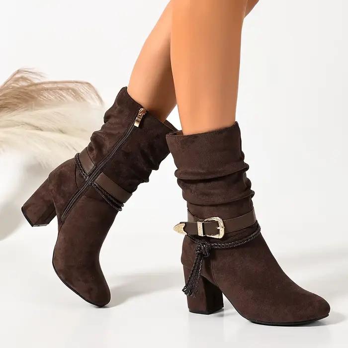 Bottes mi-mollet pour femme en cuir marron foncé avec talons hauts épais