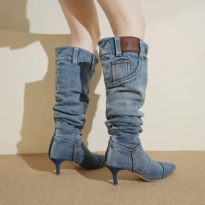 Bottes hautes bottes en jean vintage pour femmes avec talons fins bout pointu bottes longues chaussures pour femmes chaussures en jean pour femmes