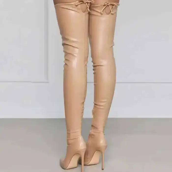 Bottes hautes noires à talons aiguilles pour femmes, en Pu souple, au-dessus du genou avec fermeture éclair latérale