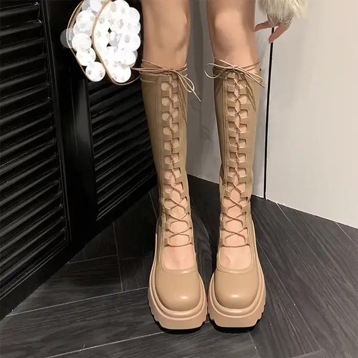 Bottes Hautes à Lacets et Talons Plateforme pour Femme Chaussures Ajourées Élégantes, Styliste, à la Mode, Été