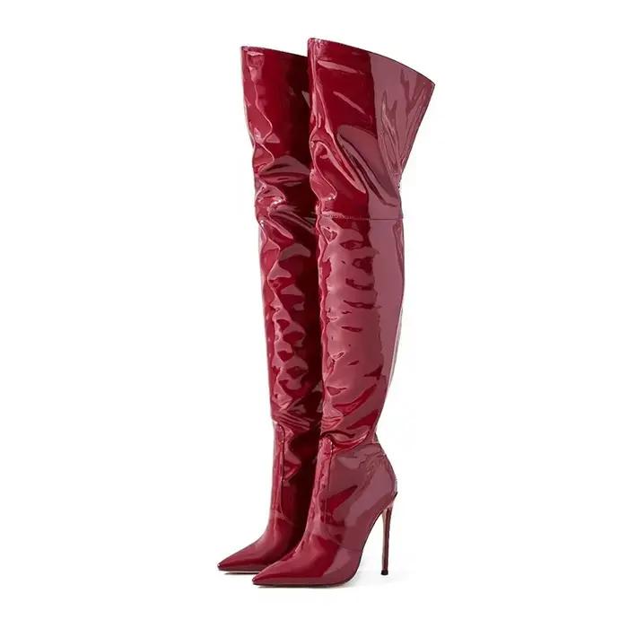 Cuissardes en cuir noir marron pour femmes, bottes longues à talons hauts, peluche courte, européen, américain, automne, hiver, taille 36-47, 12cm
