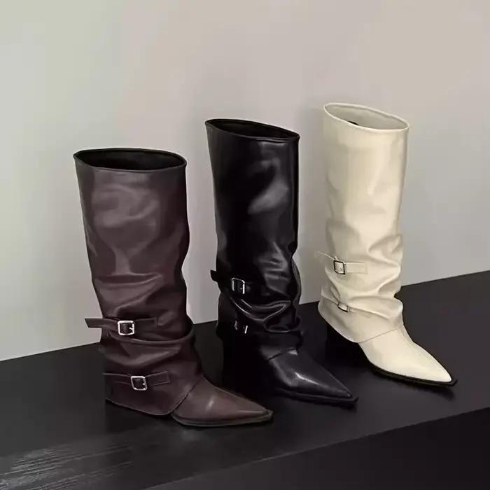 Bla bottes longues à tube haut pour femmes, bottines rétro à bout pointu avec ceinture, printemps automne, cuir PU, doublure en coton et caoutchouc...