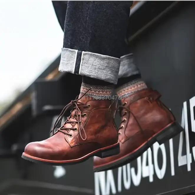 Bottes de moto rétro à bout rond pour homme, style punk urbain, automne-hiver, luxe, style cowboy
