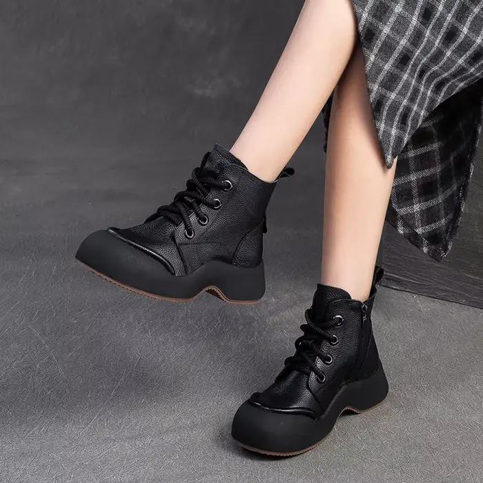 GKTINOO – bottes courtes en cuir véritable pour femmes, chaussures décontractées à plateforme plate, baskets confortables à semelles épaisses, nouvelle collection automne hiver 2026