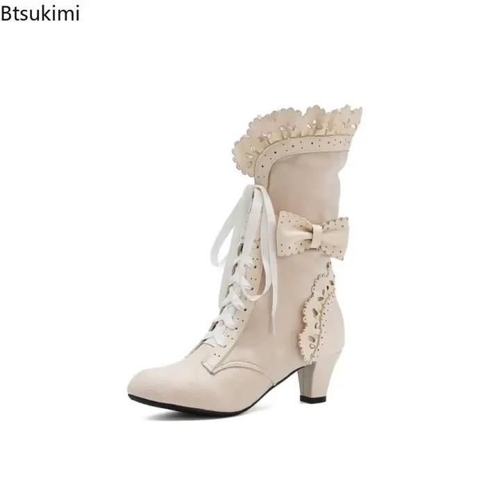 Bottes victoriennes vintage à lacets talons aiguilles garnitures volants style Lolita princesse pour cosplay fêtes du thé et occasions spéciales