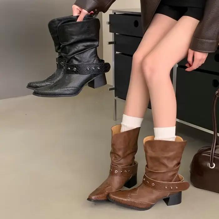Eilyken – bottines style Punk à rivets et motif serpent pour femme, chaussures à la mode avec sangle à boucle, bout pointu, talons carrés, Zapatos Mujer