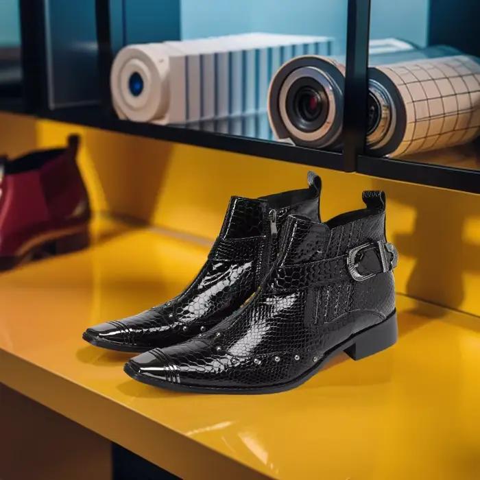 Bottes courtes brillantes à motifs de serpent pour hommes, avec boucle à rivets en métal, bottes courtes de Style de rue tendance et personnalisées