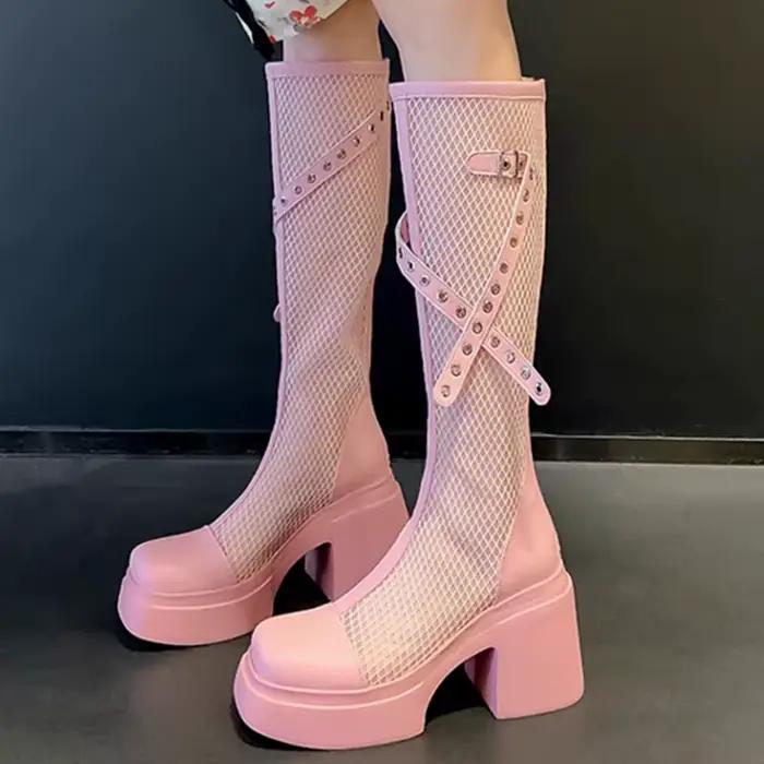 2025 été mode respirant maille bottes pour femmes fête plate-forme fermeture éclair mi-mollet bottes femme solide boucle sangle chaussures dames
