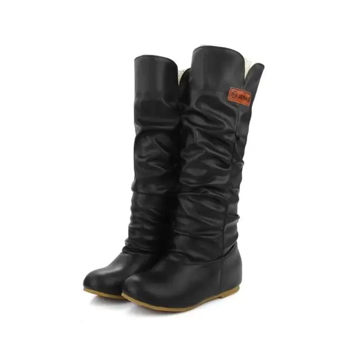 Genou bottes hautes femmes talon plat mode plissé bout rond marron