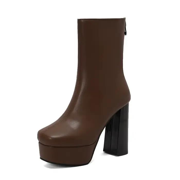 Bottines en cuir à talons hauts bout carré fermeture éclair cheville sexy pour femmes grandes tailles hiver soirée mariage