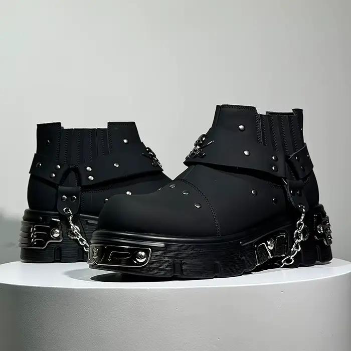 Nouvelles Bottes Noires Homme Style Rock Punk Métal Patchwork – Chaussures Décontractées Tendance à Talon Rehaussant et Coupe Basse