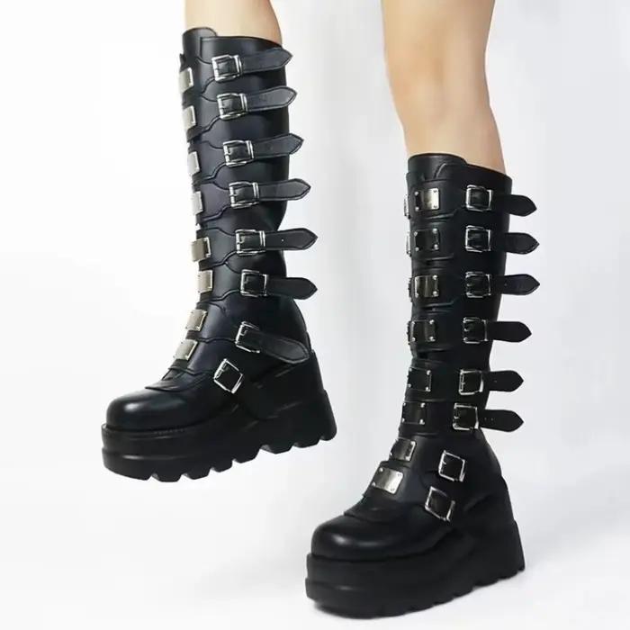 Femmes genou bottes hautes 2025 nouveau Halloween Cosplay femmes bottes gothique plate-forme Punk noir Sexy motos bottes dames talon haut