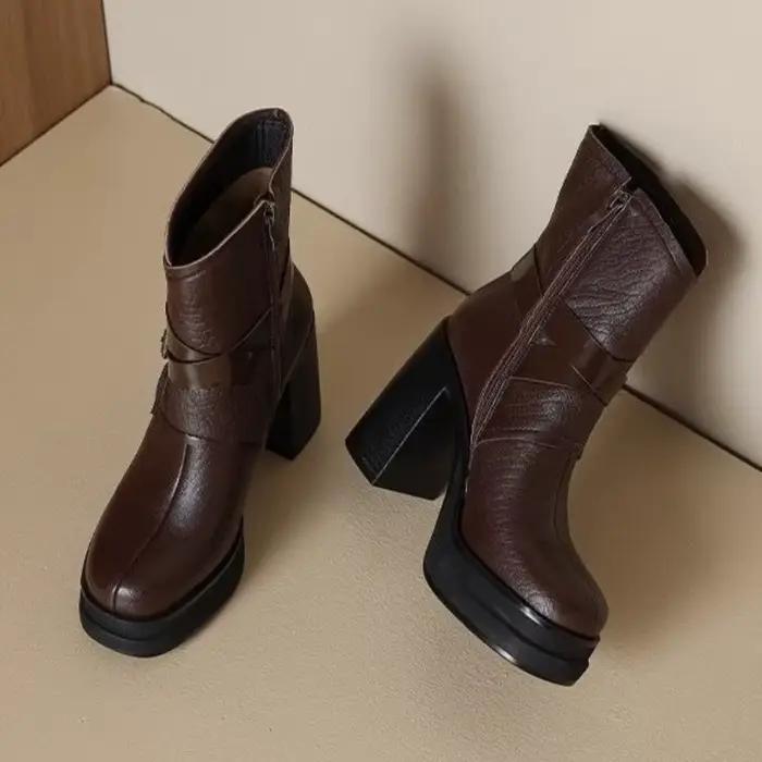 Chaussures d'hiver à talons blocs, bout rond, plateforme à fermeture éclair latérale, chaussons imperméables antidérapants, nouvelle collection