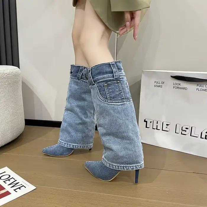 Bottes hautes en denim bleu rétro pour femmes bottes à bout pointu printemps automne talon fin mi-mollet occassions quotidiennes vacances shopping école