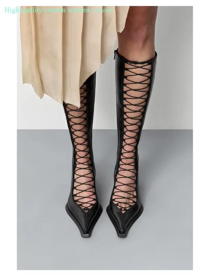 Bottes hautes pour femmes à talons aiguilles bout pointu et découpe ajourée pour cheville occassions formelles et festives été printemps automne