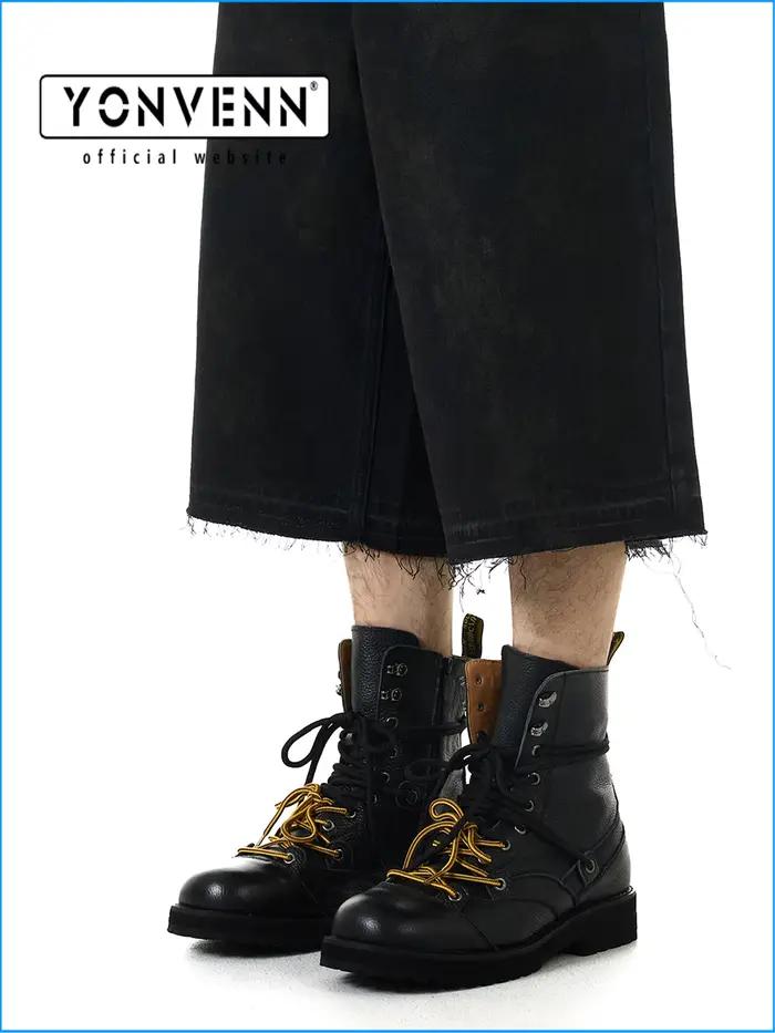 Bottes courtes en cuir véritable pour hommes, design bout rond, talons moyens, semelle en caoutchouc, ajustement parfait, idéales pour l'automne et le printemps, bottes de travail et loisirs