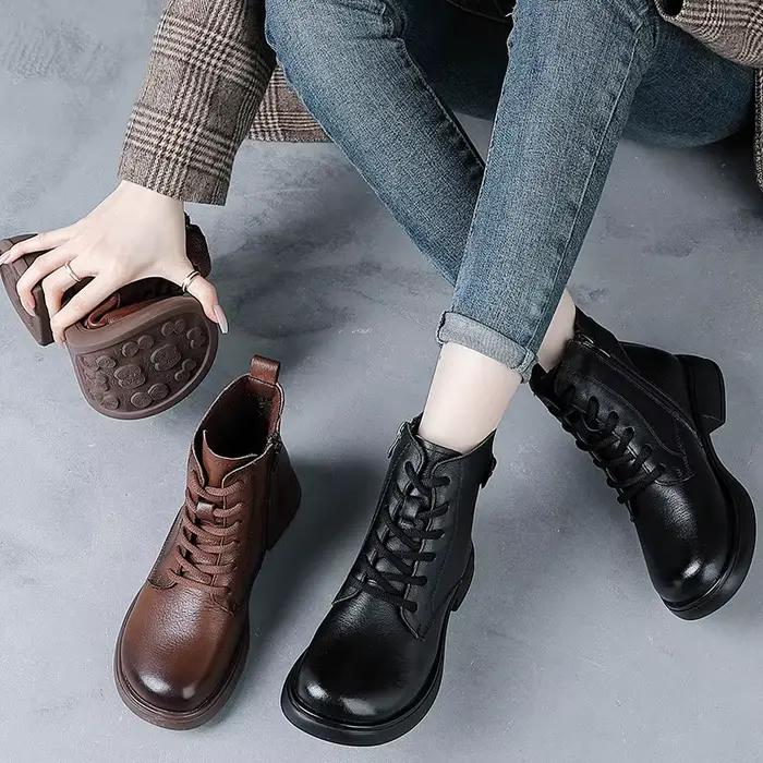 DRKANOL 2026 Style britannique en cuir véritable bottines pour femmes hiver à la main rétro en peluche chaud talon épais décontracté bottes courtes