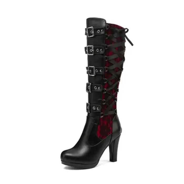 Femmes ceinture boucle genou bottes hautes 2025 Sexy hiver garder au chaud femme dentelle longue botte gothique Mature dames plate-forme genou Boottes