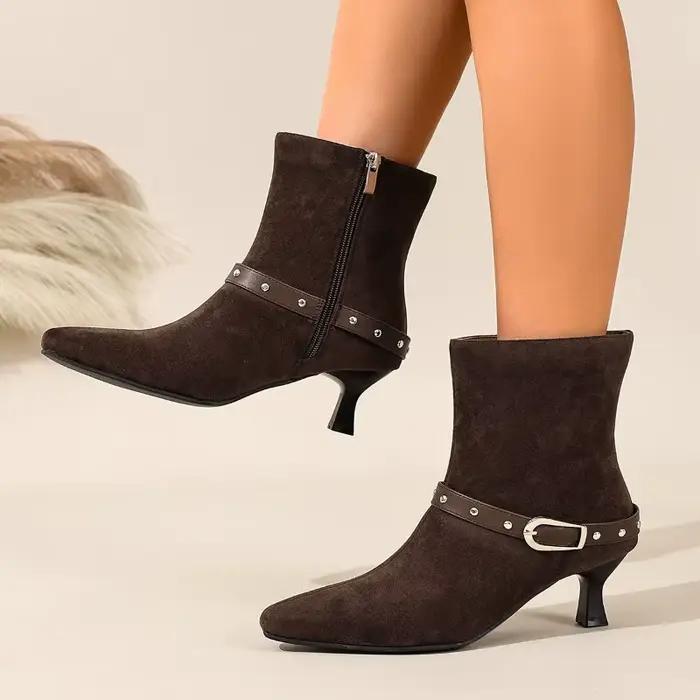 Nouveau hiver daim femmes bottes hautes bout pointu fermeture éclair concepteur