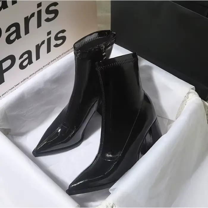 Bottines d'hiver en cuir verni pour femmes, talons carrés, bout pointu, chaussures à talons pour les occasions spéciales et le quotidien