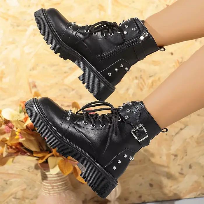 Rivets décor plate-forme bottines femmes mode boucle à lacets fermetures éclair bottes de Combat femme noir Pu cuir moto chaussures 42