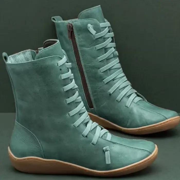 Bottes plates en cuir souple pour femmes, mode rétro, fourrure assortie, bottes de rinçage à lacets, hiver, nouveau