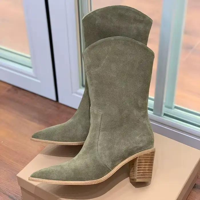 Nouveau bout pointu vache daim mi-mollet Botas femmes couleur unie rétro talon épais bottes courtes printemps automne