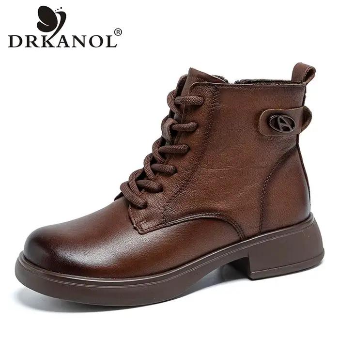 DRKANOL 2026 Style britannique en cuir véritable bottines pour femmes hiver à la main rétro en peluche chaud talon épais décontracté bottes courtes