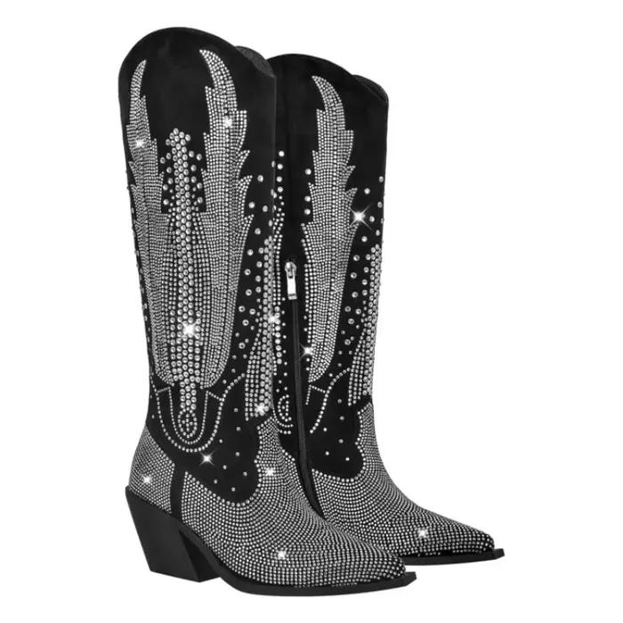 Bottes de cowboy rétro occidentales faites à la main pour femmes, bottes hautes au genou, biscuits chauds, performance européenne et américaine, mode de piste optique, talon
