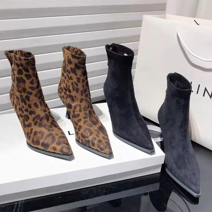 Léopard femmes bottes Sexy bout pointu chaussures talons hauts Chelsea bottes 2025 hiver mode pompes daim bottes courtes Mujer Zapatos