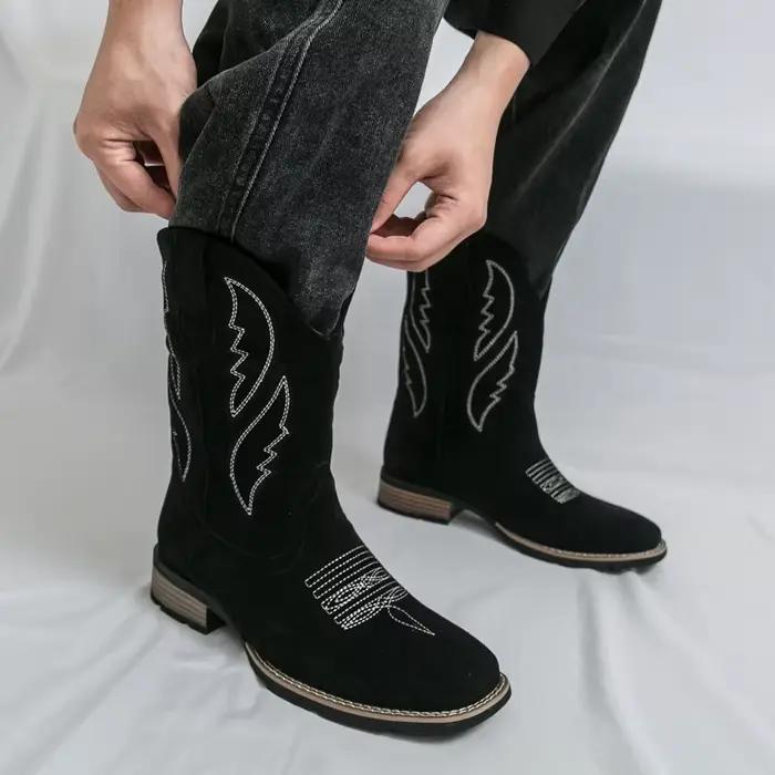 Bottes pour hommes, bottes de cowboy western brodées, bottes en daim rétro mi-mollet, chaussures confortables pour hommes, bottes longues à enfiler pour l'extérieur