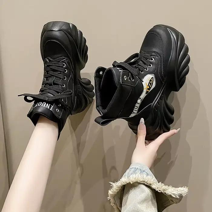 Bottes de rinçage compensées à plateforme pour femmes, grosses baskets, cuir de vache véritable, chaussures ergonomiques décontractées, automne et printemps, chaussures optimistes, 8cm