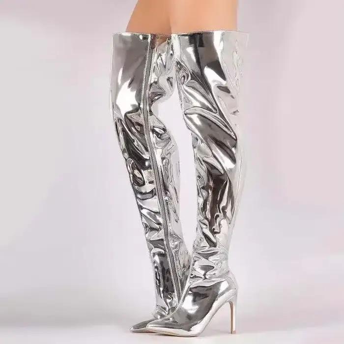 Bottes pour femmes à plateforme miroir, bout pointu, style punk, talons hauts et fins, longues, au-dessus du genou, automne-hiver, fermeture éclair, argentées, décontractées, pour soirée