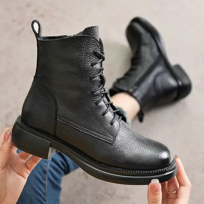 Printemps dame bottines véritable cuir de vache plate-forme chaussures pour femmes hiver jeunes filles semelle souple talon épais chevalier bottes de neige