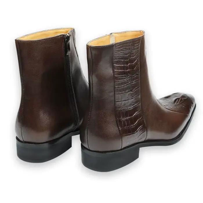 Bottes en cuir de vache véritable avec fermeture éclair gravée pour hommes