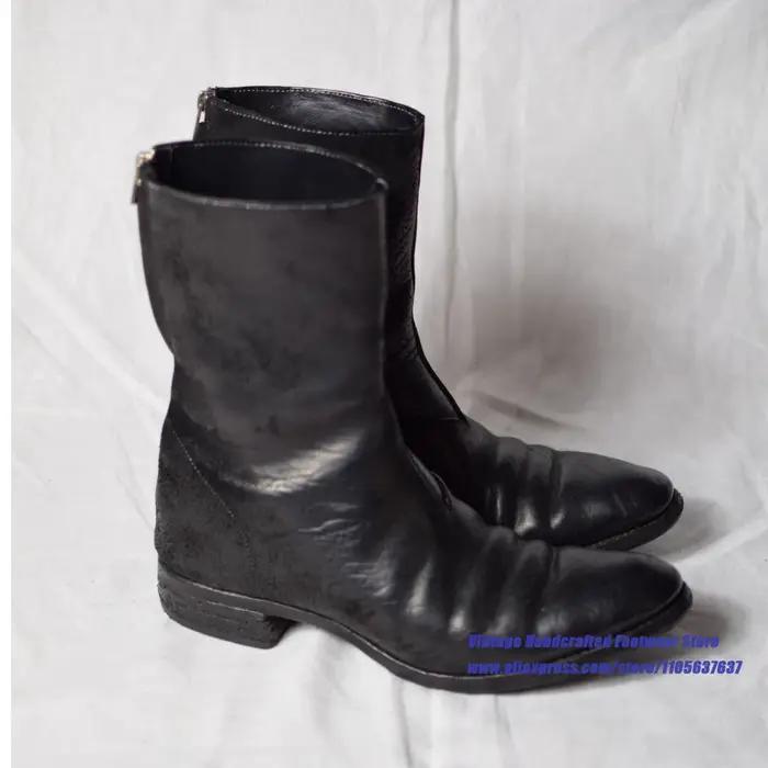 Bottes mi-mollet en cuir noir vintage pour hommes, fermeture éclair latérale, talon plat bas, bottines de créateur faites à la main, chaussures tendance pour hommes