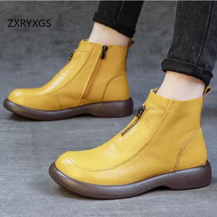 Bottes courtes en cuir véritable ZXRYXGS style camouflage talon plat semelle souple pour femmes printemps automne occassions spéciales