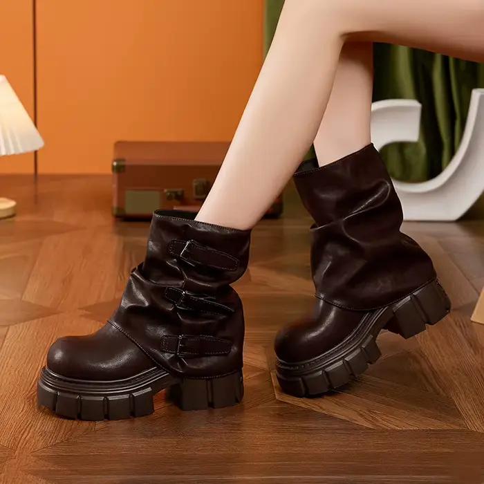 Bottines à plateforme haute pour femmes, baskets en cuir souple à talons épais de 9CM, bottes courtes à boucle pour moto, pour l'automne et l'hiver
