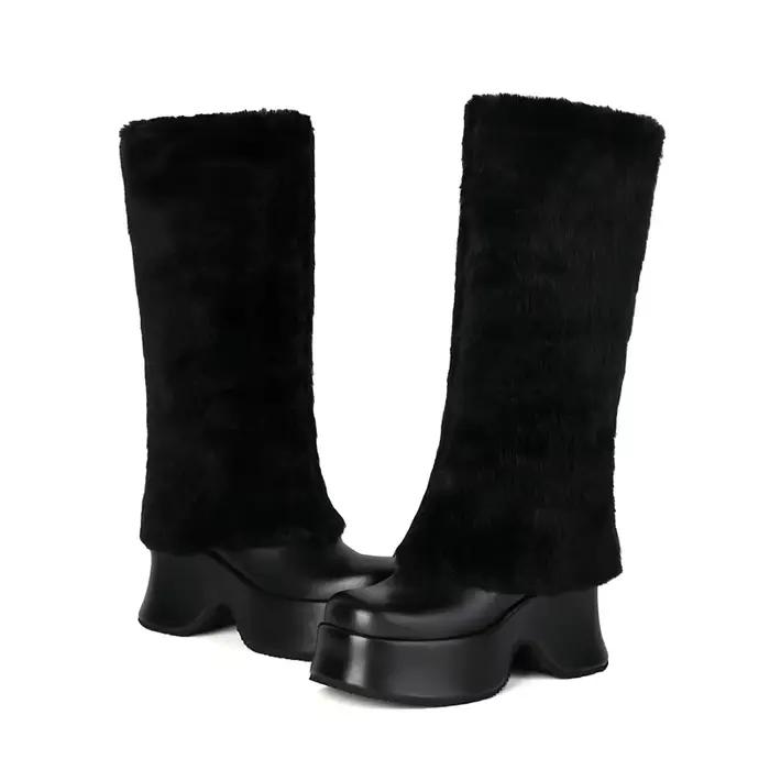 Rose blanc fausse fourrure chaude genou-haute bottes de neige compensées talons hauts fourrure concepteur élégant Botas femmes hiver chaud plate-forme bottes