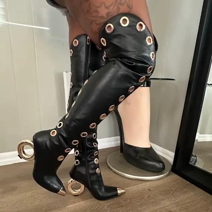 Bottes à talons hauts de style européen et américain, à bout en forme d'œil de poisson, avec fermetures éclair latérales et design mi-hauteur pour femmes