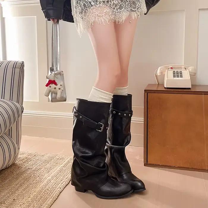 Bottes au-dessus du genou, style chevalier, plissées et superposées avec ceintures, bottes culotte à jambe large, Nouveau style 2026
