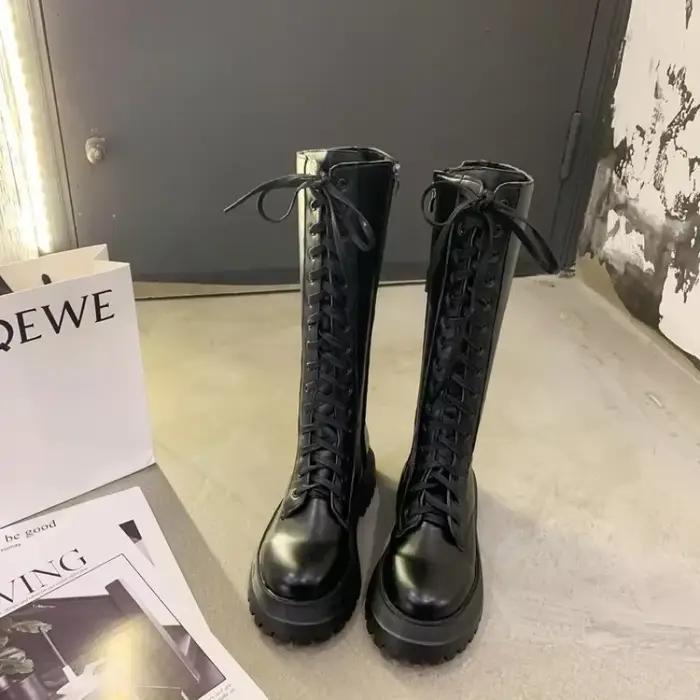 Femmes moto bottes compensées chaussures plates femme talon haut plate-forme en cuir PU