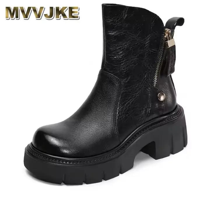 Bottines à talons hauts épais pour femmes, Style britannique, faites à la main, Design de luxe rétro, bottes à plateforme en cuir véritable de vache avec fermeture éclair