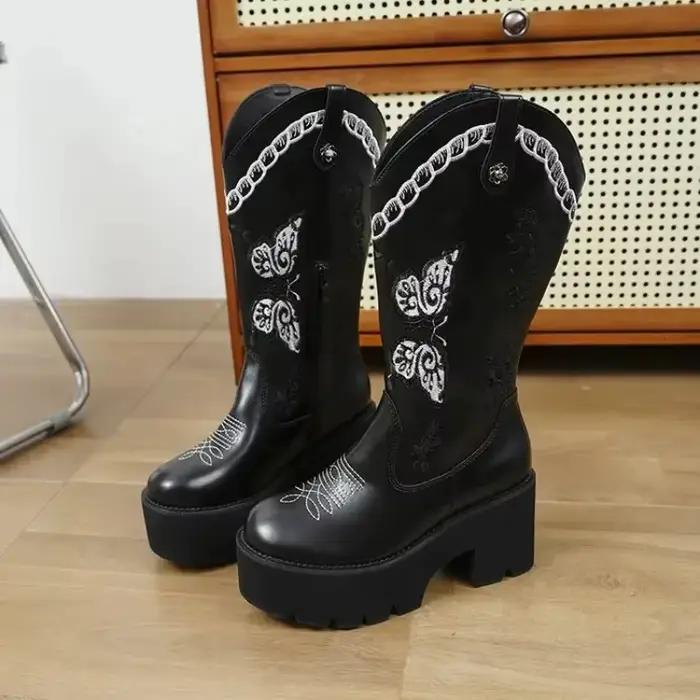 Nouveau Western brodé manchette haut CowGirl bottes fond épais imperméable femme