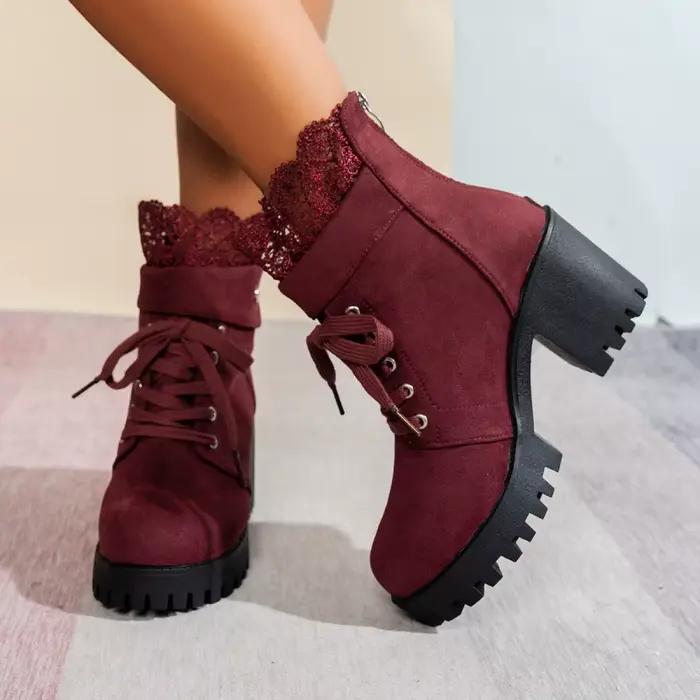 Bottes de mode pour femmes 2025 bout rond talon haut bottes courtes fermeture éclair bordure en dentelle semelle caoutchouc imperméable confortables pour femmes polyvalentes occasions spéciales
