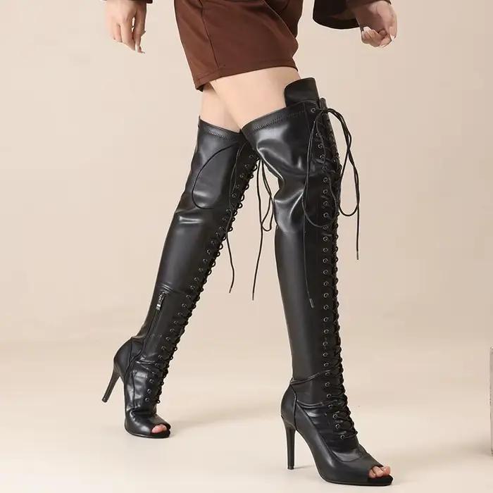 Bottes Hautes à Lacets pour Femme, Talons Souples, Châssis Stiletchassis, Jazz, brevLatine, Sexy, Extérieur