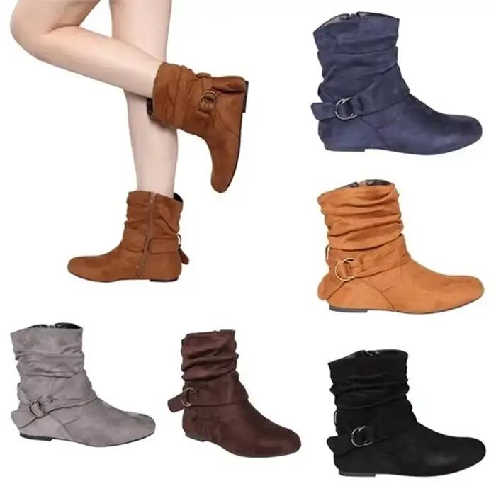 Bottines en daim et mollets pour femmes, couvre-pieds à talons bas, botte à plateforme coupe-vent britannique, chaussures d'automne à la mode, grande taille